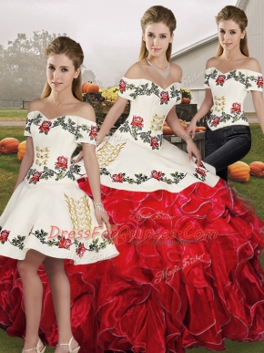 White And Red Lace Up Off The Shoulder Embroidery and Ruffles Vestidos de Quinceanera Organza Sleeveless