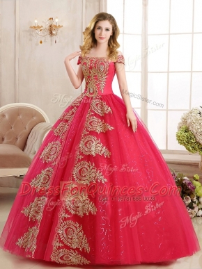 Excellent Sequins Floor Length Red Sweet 16 Quinceanera Dress Off The Shoulder Sleeveless Lace Up