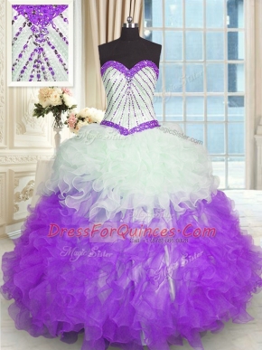 Fitting Sleeveless Organza Floor Length Lace Up Quinceanera Gown in White And Purple with Beading and Ruffles