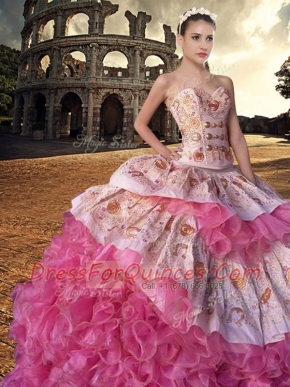 Pink And White Organza Lace Up Sweetheart Sleeveless With Train Quinceanera Dress Court Train Embroidery and Ruffles