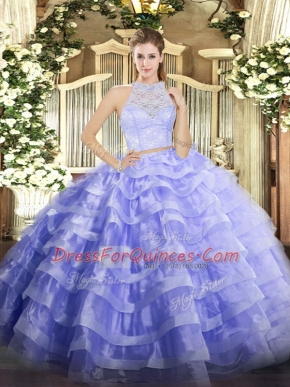 Fashionable Two Pieces 15 Quinceanera Dress Lavender Scoop Tulle Sleeveless Floor Length Zipper