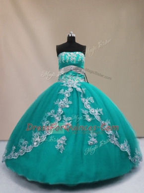 Turquoise Sleeveless Appliques Floor Length 15 Quinceanera Dress