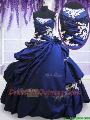 2017 Sweet Strapless Applique and Pick Ups Royal Blue Quinceanera Dress in Taffeta