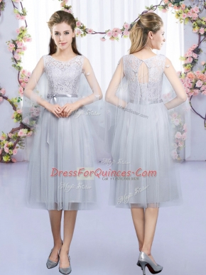 Fashionable Grey Quinceanera Dama Dress Wedding Party with Lace and Belt Scoop Sleeveless Lace Up