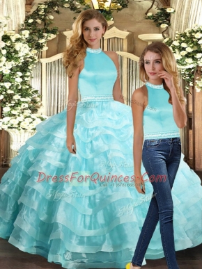 Stunning Aqua Blue Organza Backless Vestidos de Quinceanera Sleeveless Floor Length Beading and Ruffled Layers