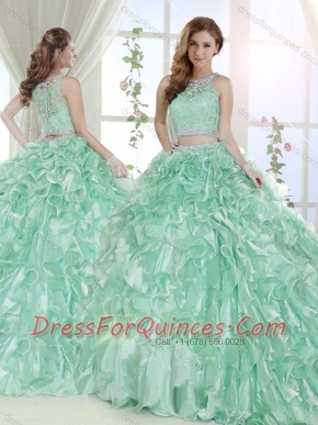 Most Popular Beaded and Laced Bodice Ruffled Detachable Quinceanera Dresses in Apple Green