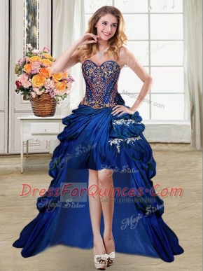Sumptuous Royal Blue Ball Gowns Sweetheart Sleeveless Taffeta High Low Lace Up Beading and Appliques and Pick Ups Evening Dress