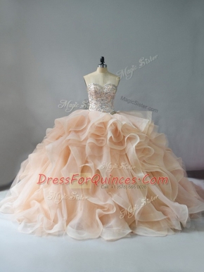 Top Selling Ball Gowns Sleeveless Champagne and Pink And White Sweet 16 Dress Brush Train Lace Up