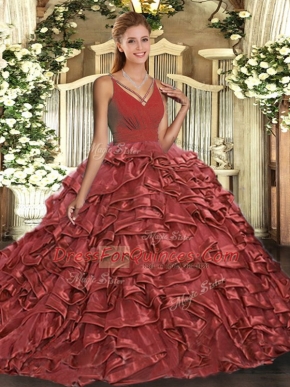 Lovely Ball Gowns Sleeveless Rust Red Quinceanera Gown Sweep Train Backless