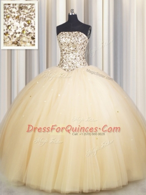 Really Puffy Gold Lace Up Quinceanera Gown Beading and Sequins Sleeveless Floor Length