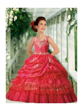 Fashionable Ball Gown V-neck Red Little Girl Pageant Dress with Beading