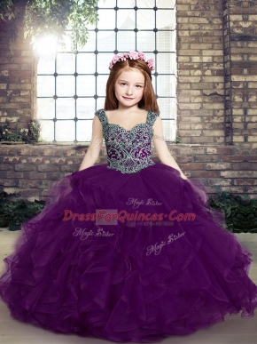 Straps Sleeveless Little Girl Pageant Gowns Floor Length Beading and Ruffles Eggplant Purple Tulle
