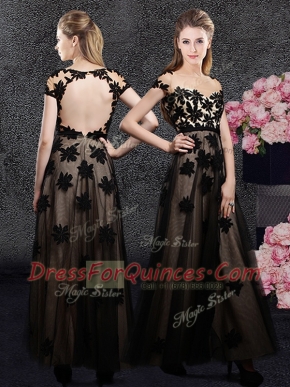 Suitable Black Tulle Backless Sweetheart Short Sleeves Ankle Length Prom Evening Gown Appliques