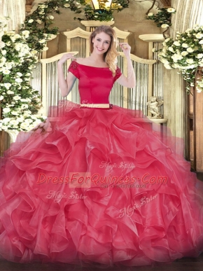 Glittering Coral Red Ball Gown Prom Dress Military Ball and Sweet 16 and Quinceanera with Appliques and Ruffles Off The Shoulder Short Sleeves Zipper