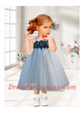 Gray Tulle A-Line Straps Tea-length Little Girl Dresses