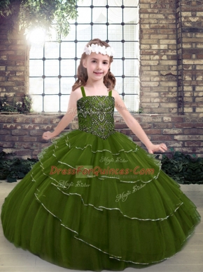 Olive Green Sleeveless Floor Length Beading and Ruffled Layers Lace Up Pageant Gowns For Girls