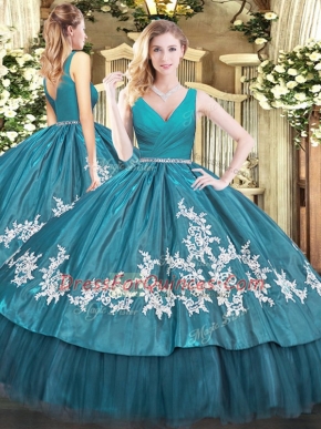 Teal Ball Gowns Tulle V-neck Sleeveless Beading and Appliques Floor Length Zipper Quinceanera Gown
