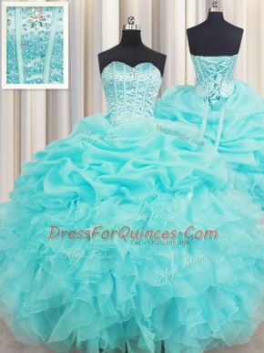 Visible Boning Sleeveless Lace Up Floor Length Beading and Ruffles and Pick Ups Quinceanera Gown