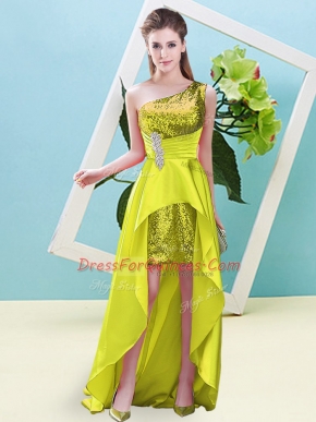 Elastic Woven Satin and Sequined Sleeveless High Low Evening Dress and Beading and Sequins