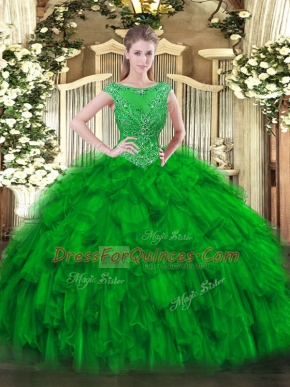 Green Sleeveless Organza Zipper 15th Birthday Dress for Military Ball and Sweet 16 and Quinceanera