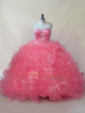 Coral Red Ball Gowns Sweetheart Sleeveless Organza Floor Length Lace Up Beading and Ruffles Quinceanera Dress