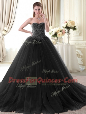 Charming Ball Gowns Sweet 16 Dress Black Sweetheart Tulle Sleeveless Floor Length Lace Up
