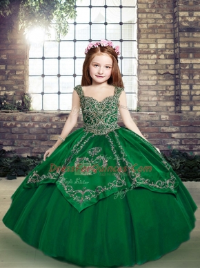 Tulle Straps Sleeveless Lace Up Beading and Embroidery Custom Made Pageant Dress in Dark Green