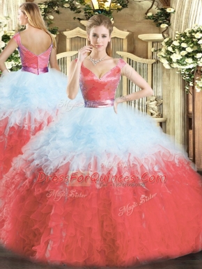 Modern V-neck Sleeveless Organza Sweet 16 Dress Ruffles Zipper