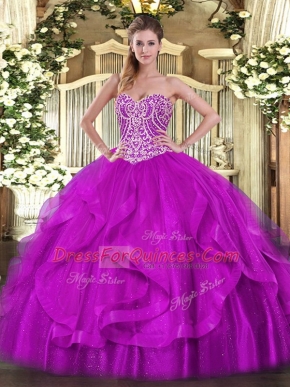 Fuchsia Sleeveless Floor Length Beading and Ruffles Lace Up 15 Quinceanera Dress