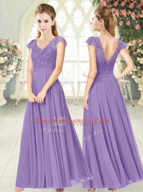 Popular Cap Sleeves Chiffon Ankle Length Zipper in Lavender with Lace