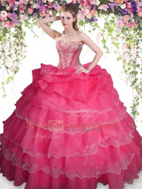 Shining Sweetheart Sleeveless Quinceanera Dress Floor Length Beading and Ruffled Layers and Pick Ups Coral Red Organza