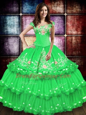 Floor Length Lace Up Sweet 16 Dresses Green for Military Ball and Sweet 16 and Quinceanera with Embroidery and Ruffled Layers