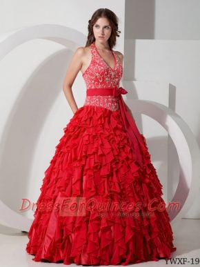 Halter Top Bowknot Embroidery Ball Gown Red Chiffon Spring Quinceanera Dresses 2014