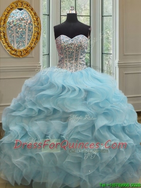 2017 Popular Visible Boning Beaded Bodice Organza Quinceanera Dress in Light Blue