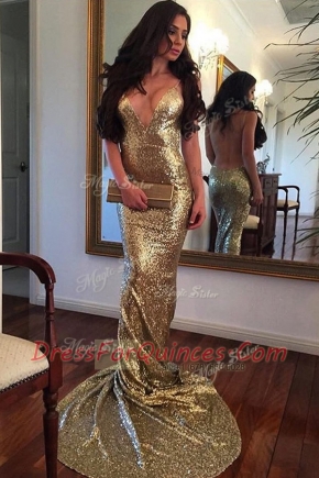 Sequins With Train Mermaid Sleeveless Gold Prom Dress Sweep Train Backless