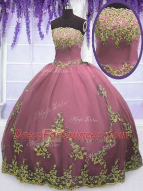 Exquisite Lilac Tulle Zipper Strapless Sleeveless Floor Length Sweet 16 Dress Appliques