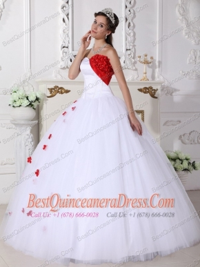 White and Red Ball Gown Sweetheart Floor-length Satin and Tulle Appliques Quinceanera Dress