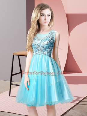 Modern Knee Length A-line Sleeveless Aqua Blue Prom Evening Gown Zipper