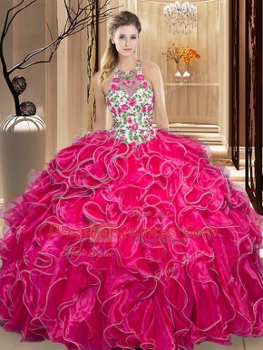 Scoop Floor Length Backless Quinceanera Gowns Hot Pink for Military Ball and Sweet 16 and Quinceanera with Embroidery and Ruffles