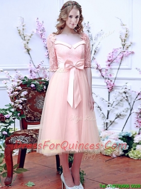 Comfortable Square Half Sleeves Bowknot Prom Dresses in Baby Pink