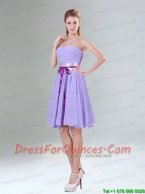 Decent Lavender Ruched Mini Length Prom Dress with Bowknot Sash