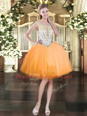 Tulle Scoop Sleeveless Zipper Beading Prom Dress in Orange