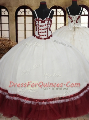 Excellent Straps White And Red Ball Gowns Beading 15 Quinceanera Dress Lace Up Organza Sleeveless Floor Length