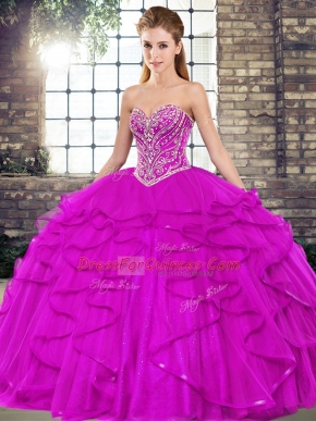 Custom Fit Tulle Sweetheart Sleeveless Lace Up Beading and Ruffles 15 Quinceanera Dress in Fuchsia