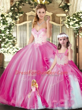 Fuchsia Ball Gowns Tulle Sweetheart Sleeveless Beading Floor Length Lace Up Sweet 16 Quinceanera Dress