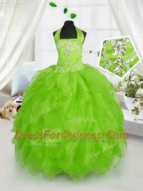 Customized Organza Halter Top Sleeveless Lace Up Beading and Ruffles Flower Girl Dresses in