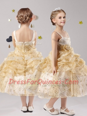 Pick Ups Ball Gowns Flower Girl Dresses Gold Straps Organza Sleeveless Tea Length Zipper