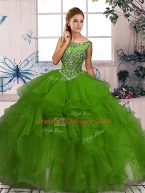 Green Sweet 16 Dresses Military Ball and Sweet 16 and Quinceanera with Beading and Ruffles Scoop Sleeveless Zipper