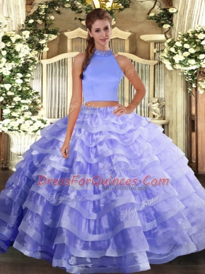 Floor Length Backless 15th Birthday Dress Lavender for Military Ball and Sweet 16 and Quinceanera with Beading and Ruffled Layers