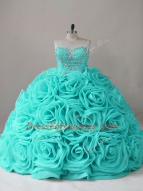 Extravagant Sleeveless Fabric With Rolling Flowers Lace Up Quince Ball Gowns in Aqua Blue with Beading